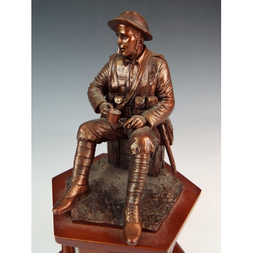 264 - Franklin Mint WW1 Commemoration statue in Bronze effect resin raised on wooden plinth. Plinth has co... 