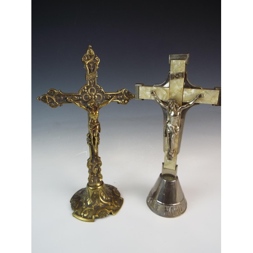 266 - Two crucifix's one brass the other white metal with mother of pearl insets. Both approx 13 inches ta... 