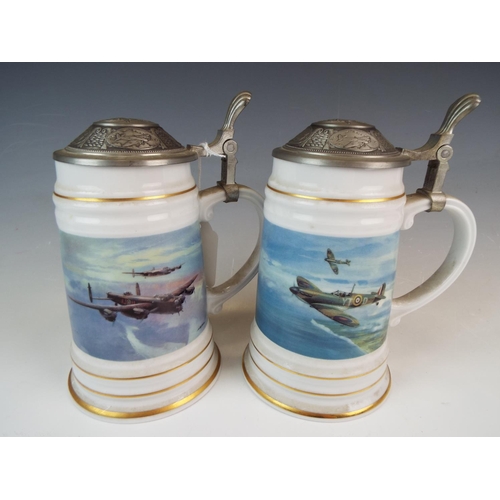 280 - Two large Ceramic pewter lidded tankards commemorating RAF WW2 aircraft. RAF emblem to lids.