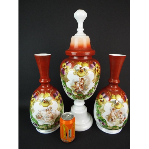 59 - Trio of Lovely old TOC era painted milk glass vases & lidded urn. Hand enameled, gilded showing cher... 