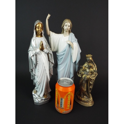 62 - Large Nao figurine of Jesus (repairs to hands) plus chalk painted maddona along with a Painted spelt... 