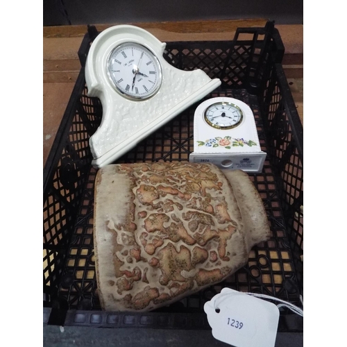 1239 - Ceramic mantle clocks plus stoneware vase