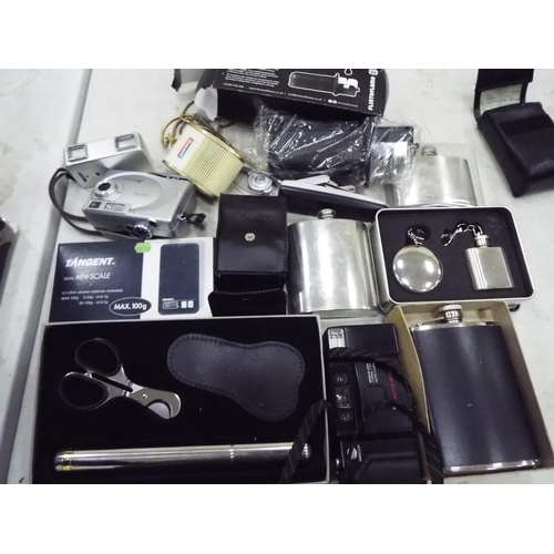 121 - Mixed lot to include as new cigar cutters, mini digital scale, hip flasks, camera's