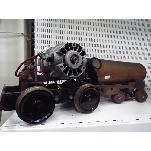 4 - Large Home made Railway bogie with electric motor. 24 inches long. Working condition unknown.