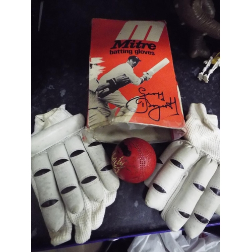 57 - Boxed Mitre pair of Geofrey BoycottCricket Batting gloves and ball
