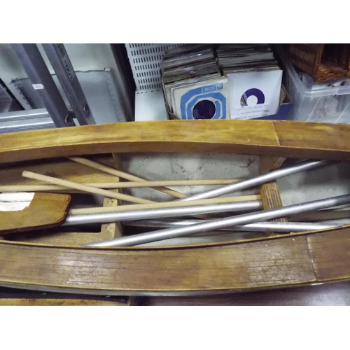 7 - Wooden partly constructed model of a sailboat. 42 inches long with cradle