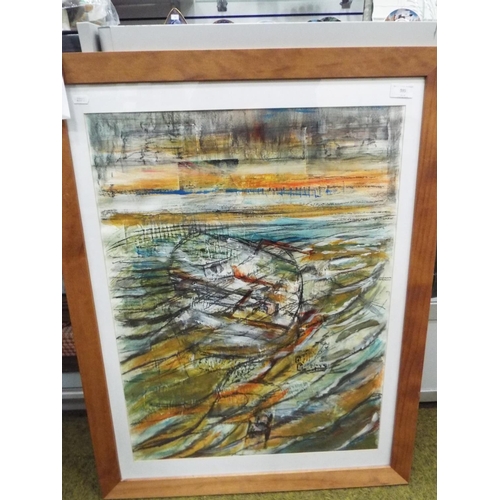 595 - Beautiful framed and mounted modern art pastels/collage under glass by Gill Hickton. 'Fishes'  34 x ... 