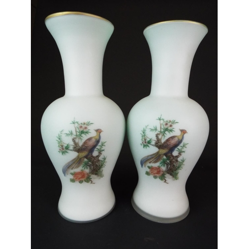 10 - Near pair of vintage milk glass vases, decorated with overlaid transfer print of pheasants. 11 inche... 