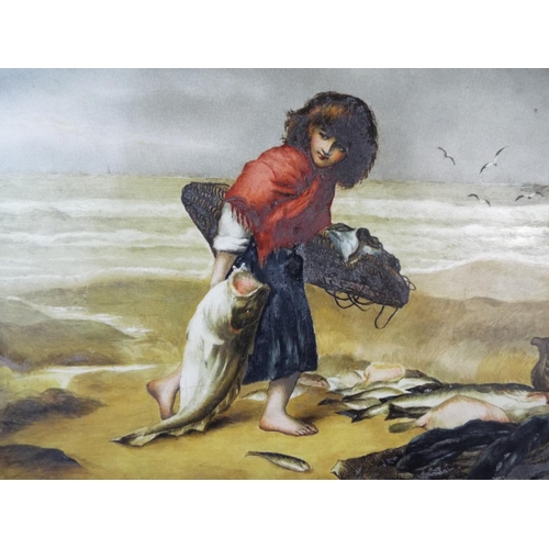 26 - Victorian era painting on ceramic tile of a fisher girl. Signed to rear. 15 x 11 inches.