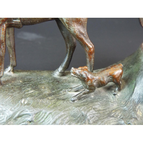 35 - Lovely Bronze pen tray with inkwell showing a hunting horse and terrier dog. Ceramic liner present (... 