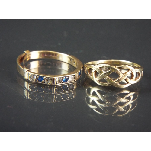 69 - Two 9ct Gold rings, One with a Celtic weave design, one with white & Blue stones.  Total weight 3.0g