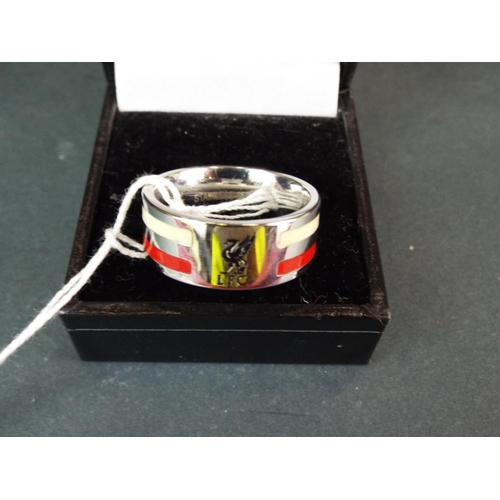 73 - Stainless Steel ring set with the Logo of Liverpool Football Club.  Finger size 'U'  with box.