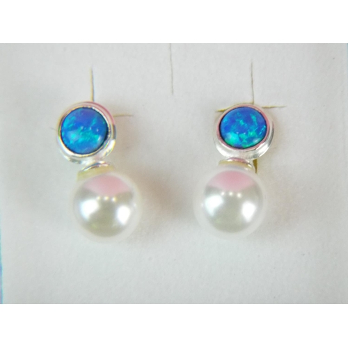 76 - Pair of 925 Silver Opal & Pearl Set earrings. With box as new.