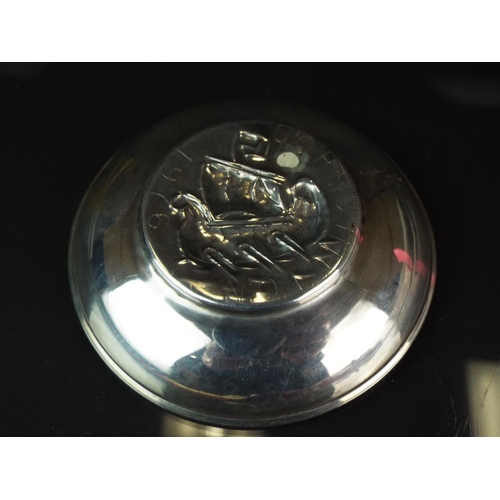 83 - White metal pin dish embossed with a Viking sailing ship . Engraved with date 1976. 3 inches in diam... 