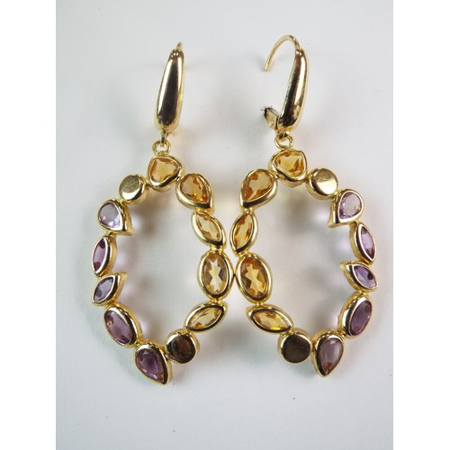 50 - Pair of 14ct Hoop earrings set with Citrene and Amethyst. 30mm long not including fastners.  5.3g