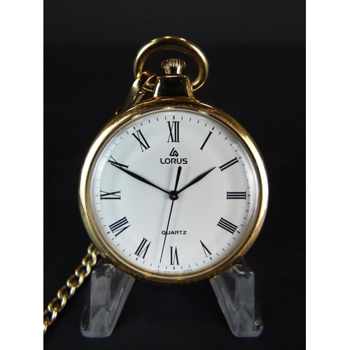 109 - Lorus Quartz pocket watch with yellow metal chain measuring 12 inches long with buttonhole clip. Nee... 