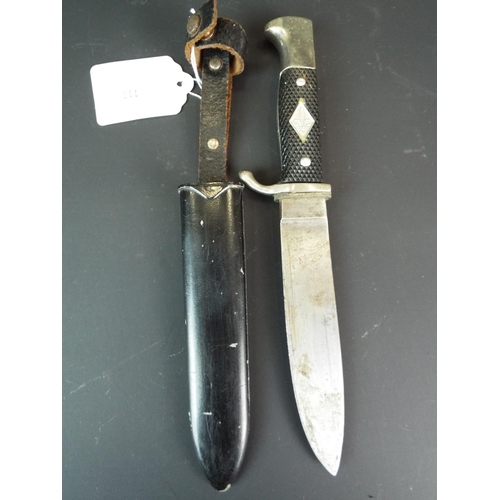 115 - 1950's German Scout knife with Solingen blade.  metal scabbard, leather belt strap