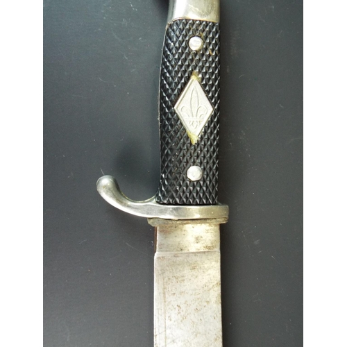 115 - 1950's German Scout knife with Solingen blade.  metal scabbard, leather belt strap