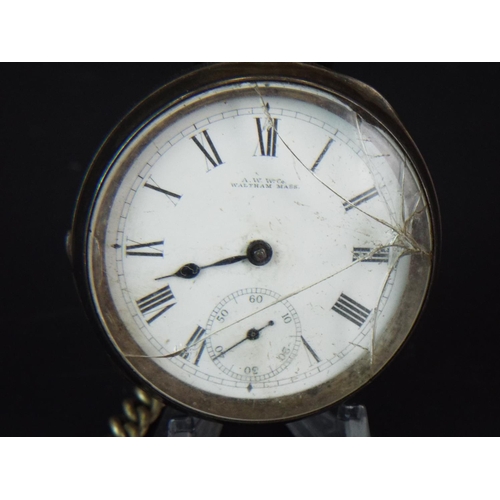 127 - Old Silver cased Waltham pocket watch in running order. Needs a Minute hand, repairs to glass. Case ... 