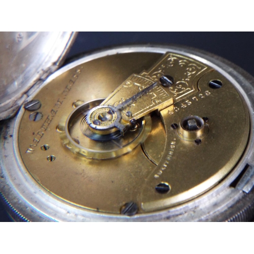 127 - Old Silver cased Waltham pocket watch in running order. Needs a Minute hand, repairs to glass. Case ... 