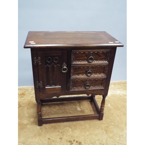 203 - Old charm style dark wood cabinet with cupboard and three drawers H:27 X W: 24 X D:13 inches.