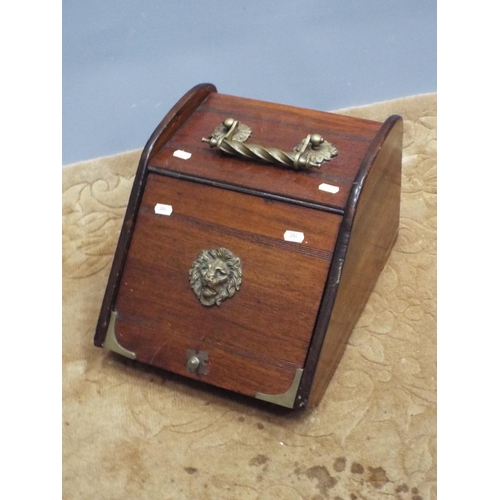 204 - Oak stick box with brass lions head decoration, spiral brass top handle