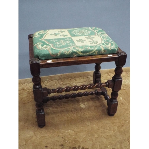 213 - Lovely old dark oak footstool with upholstered top.  H:20 X W:20 X D:15 inches