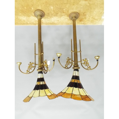 221 - Pair of vintage brass ceiling lights with tiffany style shades. (one shade for repair) approx 4ft ta... 