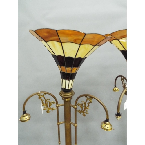 221 - Pair of vintage brass ceiling lights with tiffany style shades. (one shade for repair) approx 4ft ta... 