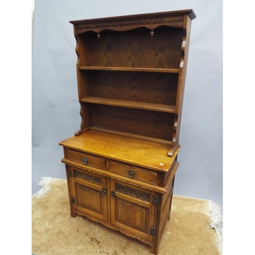 222 - Lovely Old charm dresser in golden oak  with plate rack above.  H:68 x W:36 X D:17 inches. Very well... 