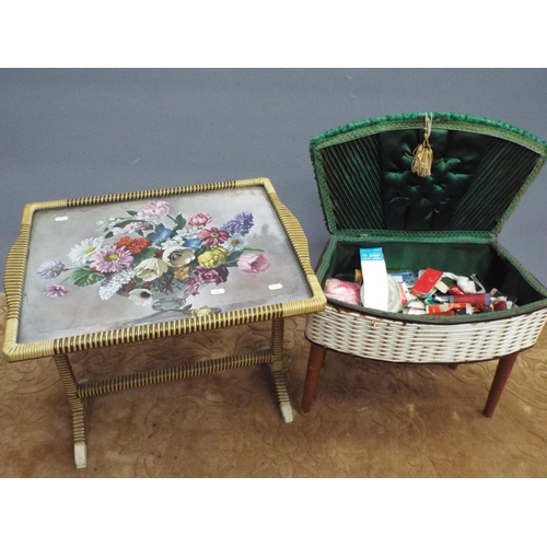 223 - Retro folding glass topped table/screen with floral print decoration plus retro wicker sewing basket... 