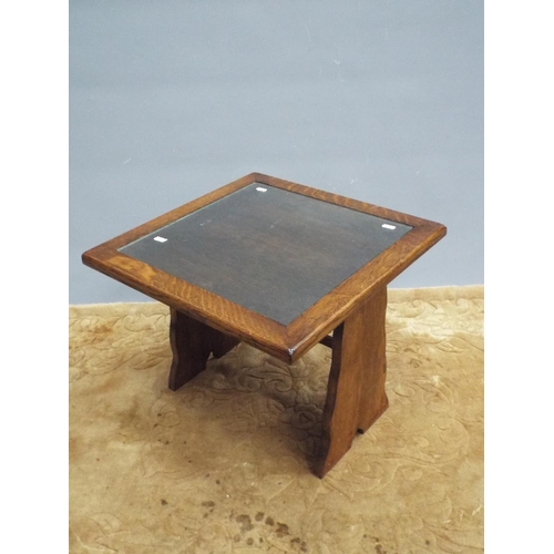 227 - Dark oak square low table with glass inset top H:16 X W:19 X D:19 inches.