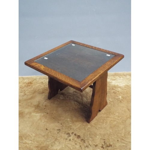 228 - Dark oak square low table with glass inset top H:16 X W:19 X D:19 inches.