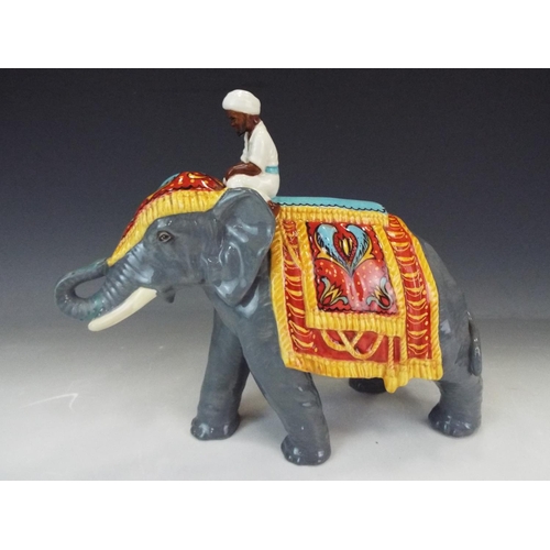 231 - Lovely Art pottery Indian Elephant with Mahoot (mahoot with invisible repair to neck) Signed by Stud... 