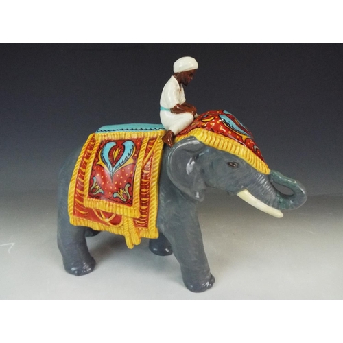 231 - Lovely Art pottery Indian Elephant with Mahoot (mahoot with invisible repair to neck) Signed by Stud... 