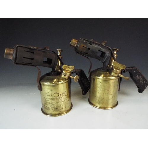 344 - Two Swedish made brass blowlamps. Working condition unknown