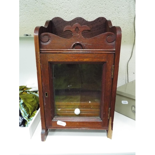 601 - Small wooden glass fronted cupboard with drawer within.