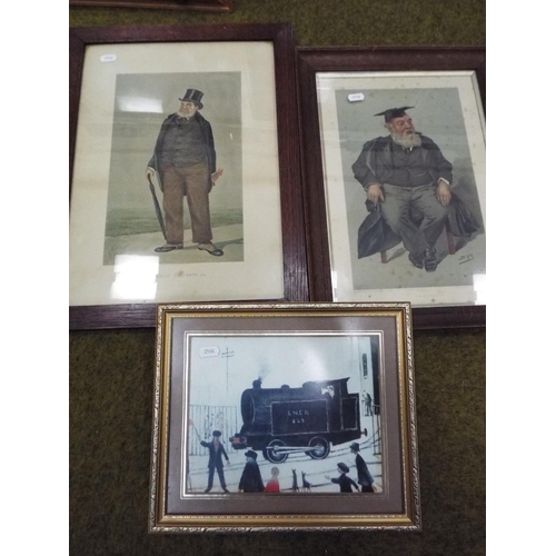 662 - Two lovely old framed early 20th Century prints plus Lowryesque print of a train.