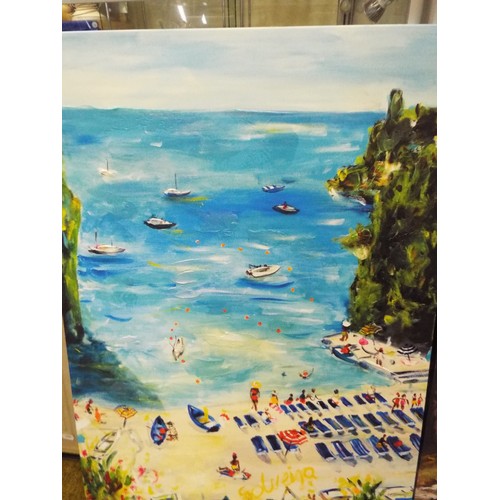 665 - Two oilised prints on canvas, one of a beach scene one of a City bridge. both measure approx 24 x 31... 