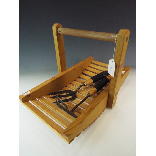 667 - Nice wooden garden trug with hand tools