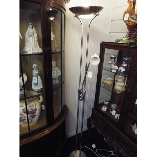 668 - Large modern chrome uplighter with adjustable reading lamp, 6ft tall.