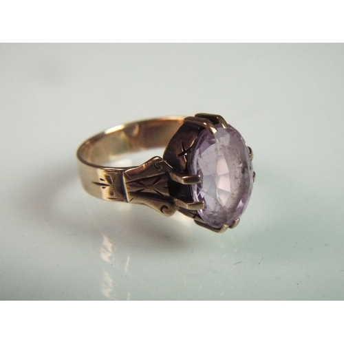 106 - Antique large Amethyst ring set in a 9ct mount. Amethyst measures 12 x 7 mm .   'O'   3.8g