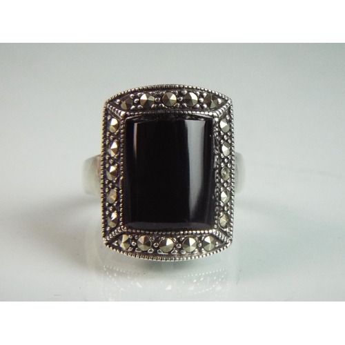 124 - Large black Onyx/Spinell 925 Marcasite ring.  Finger size 'U'