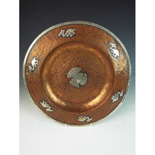 44 - Interesting eastern hammered copper plate with white metal (possibly) indian silver decorations. 12 ... 