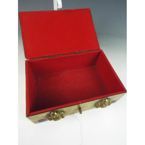 202 - Brass bound keepsake box with twin buddahs to the front and decorated with enamelled painted medalli... 