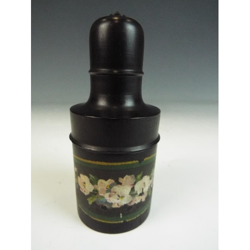 216 - Vintage hand blown glass scent bottle with ebony screw top container. 1920's era. Floral transfer pr... 