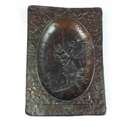 297 - Two lovely Japanese bronze pin trays with embossed decorations. One rectanguar showing a Samurai mea... 