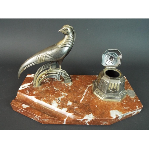 105 - Spelter and Marble desk set with pheasant decoration. 5 inches tall. 9 inches long