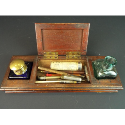 106 - Victorian Mahogany desk set with Bristol Blue glass inkwell plus one clear glass inkwell. Nibs, pens... 