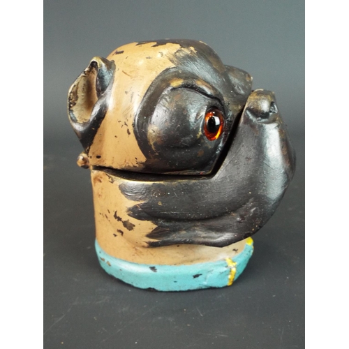 114 - Bronze cold painted inkwell as a pug dog. Glass eyes, hinged lid. Bears the mark 'Berg' to rear of c... 